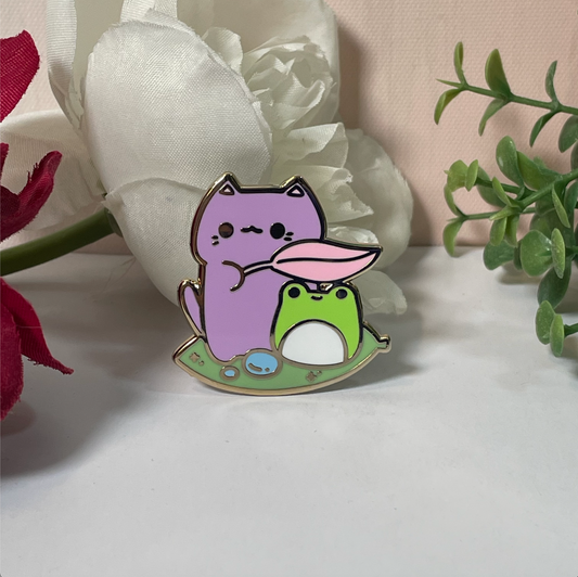 Whimsical Miuu Cat and Frog Enamel Pin