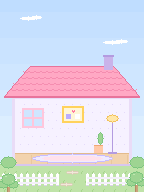 A cottage with a pink roof